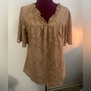 EUC tan vee neck blouse with flowy sleeves and ruffled collar, Size M